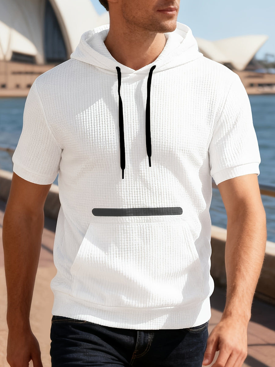 Spring/Summer Outdoor White Short-Sleeve Hooded Sweatshirt, Waffle Knit Breathable Fabric, Non-Stuffy, Versatile Half-Sleeve Top for Commuting and Shopping - White