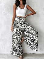 Women'S Floral Print Wide-Leg Pants High-Waist Ruched Waist Bohemian Style Long Trousers Flowy Vacation Pants - Black And White Mixed Color