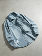 [Know And Give OBM] Men'S Loose Denim Shirt, Lapel Long Sleeve Denim Jacket, Double Pocket Casual Loose Shirt, Daily Streetwear - Light Blue