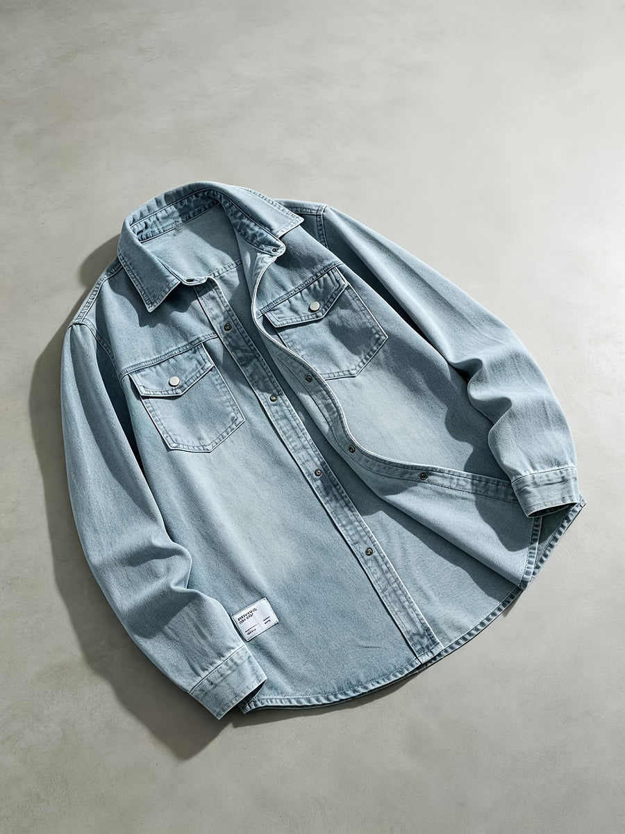[Know And Give OBM] Men'S Loose Denim Shirt, Lapel Long Sleeve Denim Jacket, Double Pocket Casual Loose Shirt, Daily Streetwear - Light Blue
