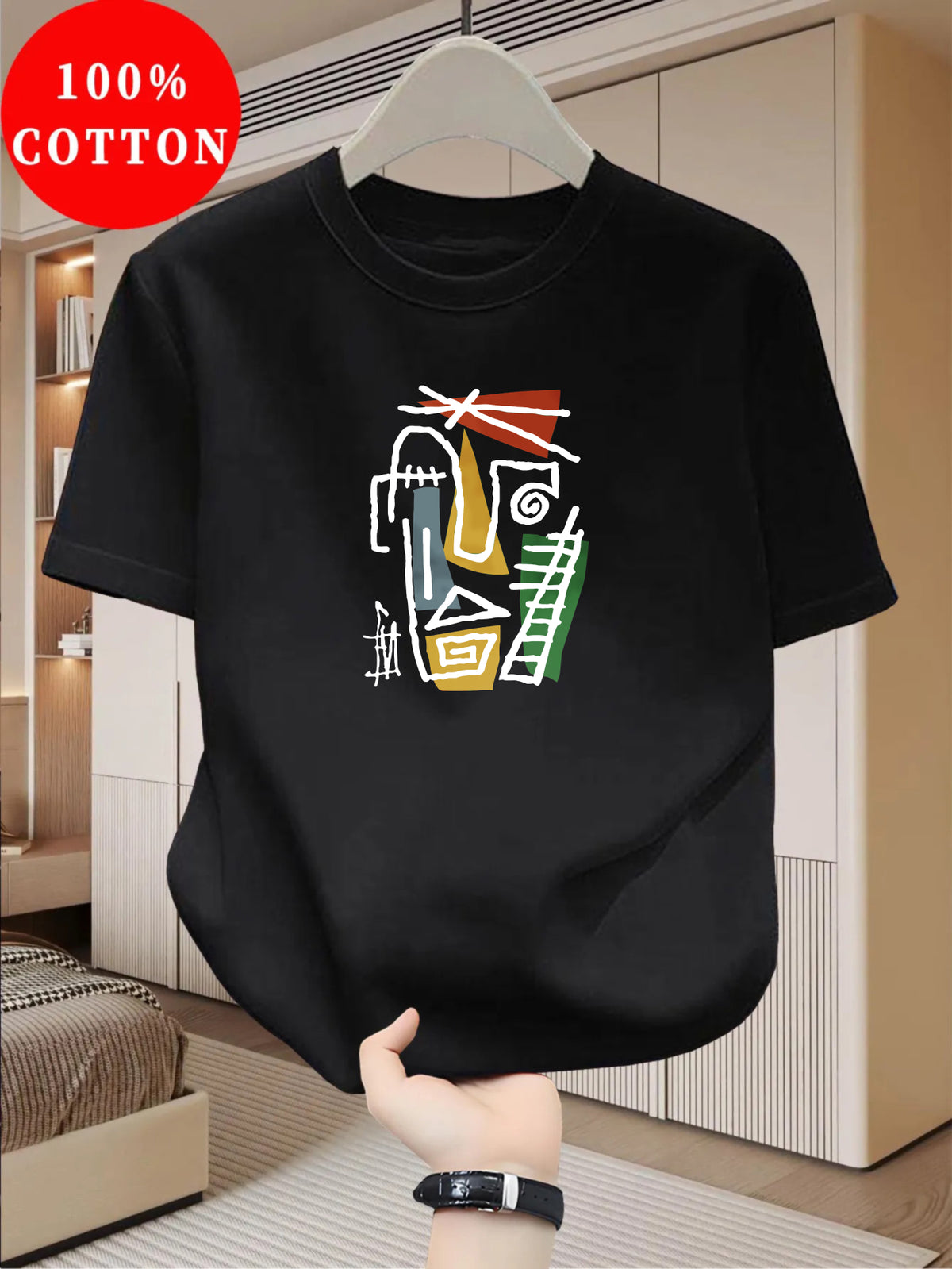 100% Cotton Men's T-Shirt, Summer Short Sleeve Lightweight Top, Trendy Fashionable Loose Fit Casual Versatile Crew Neck, Breathable and Comfortable, Abstract Geometric Line Art Human Face Print Pattern - Black
