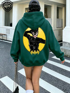 2026 Women's Hoodie DC Batman Catwoman Character Bat Logo Print Zip-Up Open Front Hooded Top Trendy Women's Jacket - Green