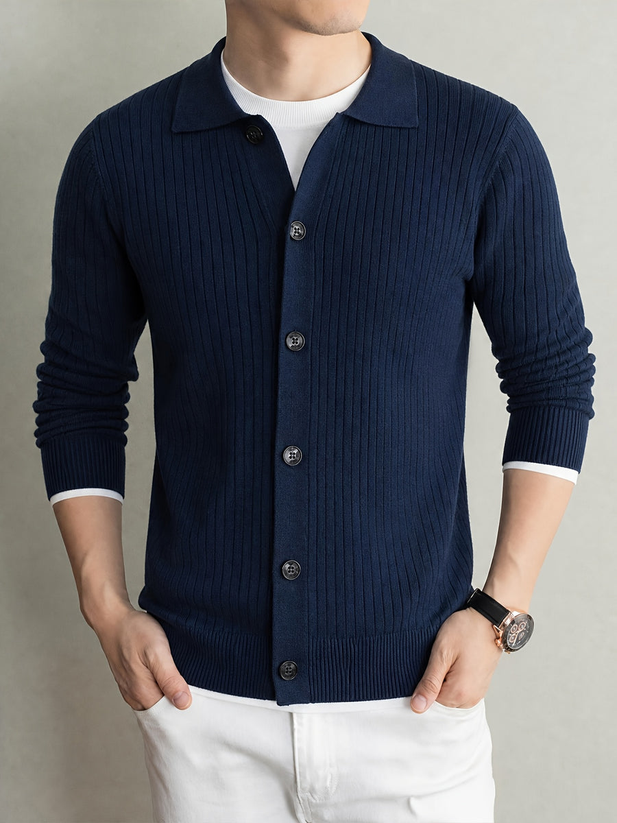 Men's Thick Knit Cardigan for Autumn & Winter, Classic Polo Collar, Solid & Striped Minimal Design, Old Money Style Warm Soft Sweater, Ideal Gift for Dad - Shangqing