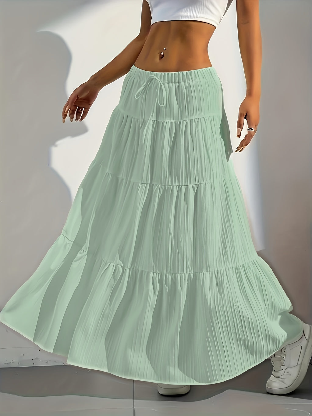 Elegant Style 2025 Western Cross-Border Women'S New Solid Color Half Skirt with Tie-Back Flared Skirt Loose Half Skirt Women - Light Green
