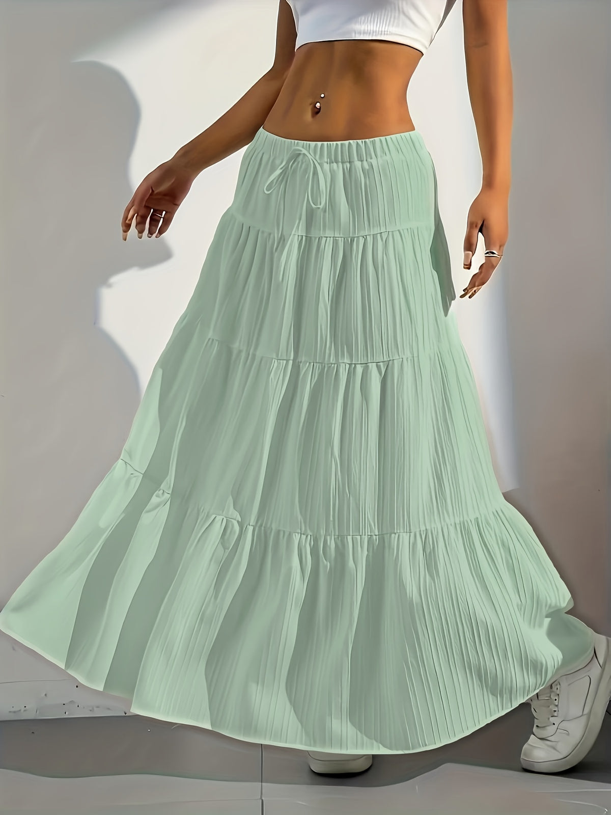 Elegant Style 2025 Western Cross-Border Women'S New Solid Color Half Skirt with Tie-Back Flared Skirt Loose Half Skirt Women - Light Green