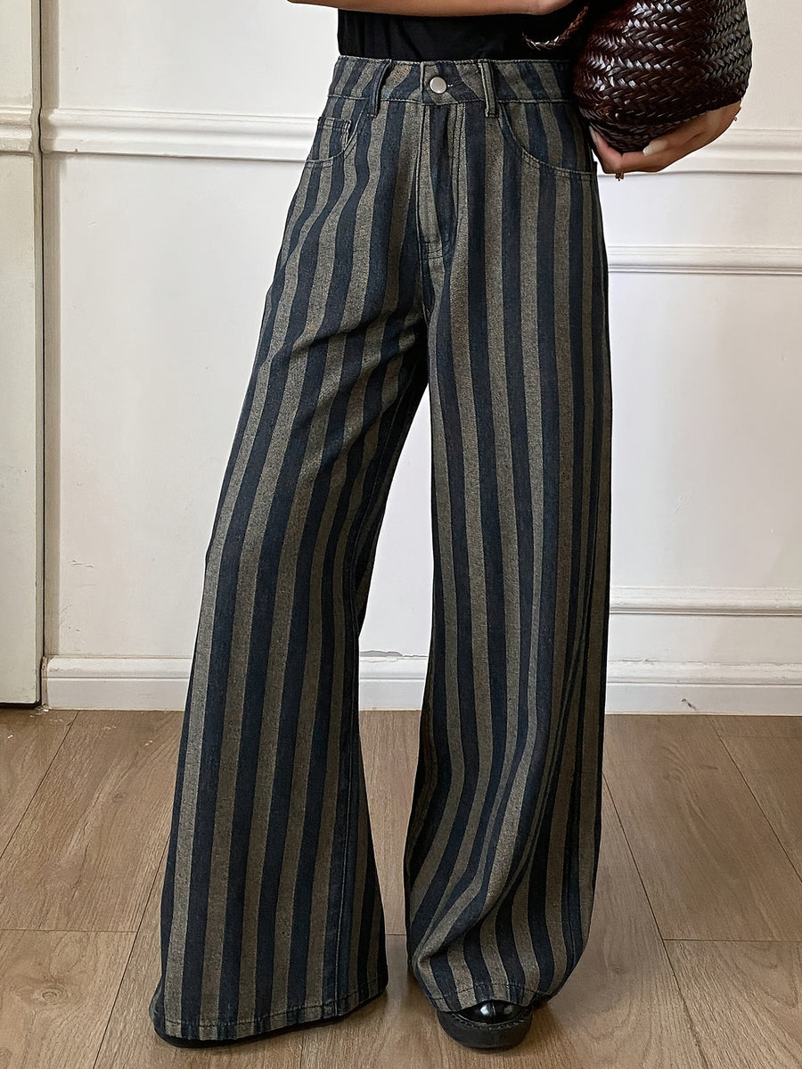 YIWEIDI Autumn Winter Dark Plaid Thin Stripe Color-Block Patchwork Loose Business Casual Office Wear Wide-Leg Straight Long Pants Women'S Jeans - Multicolor
