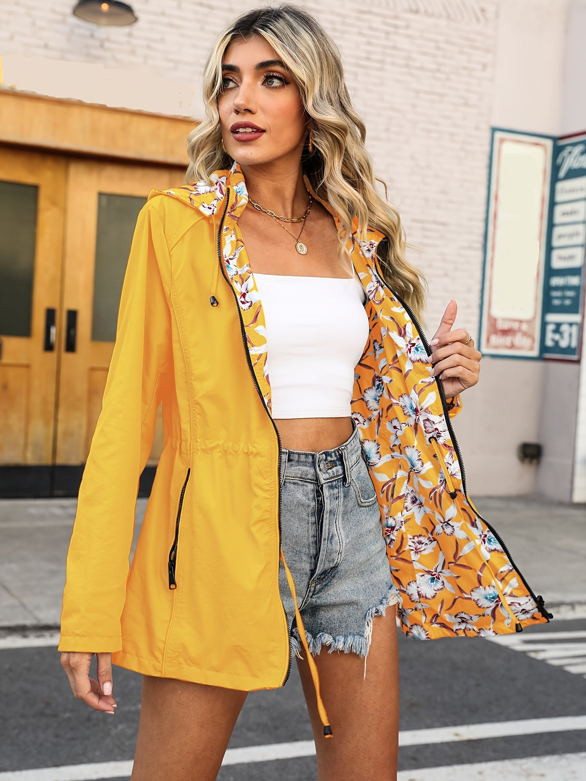 Double-Sided Jacket Women'S Spring And Autumn, Two-Sided Wear, Casual Hooded Jacket, Versatile Lightweight Print (Wash Label Size Label Inside Pocket) - Yellow