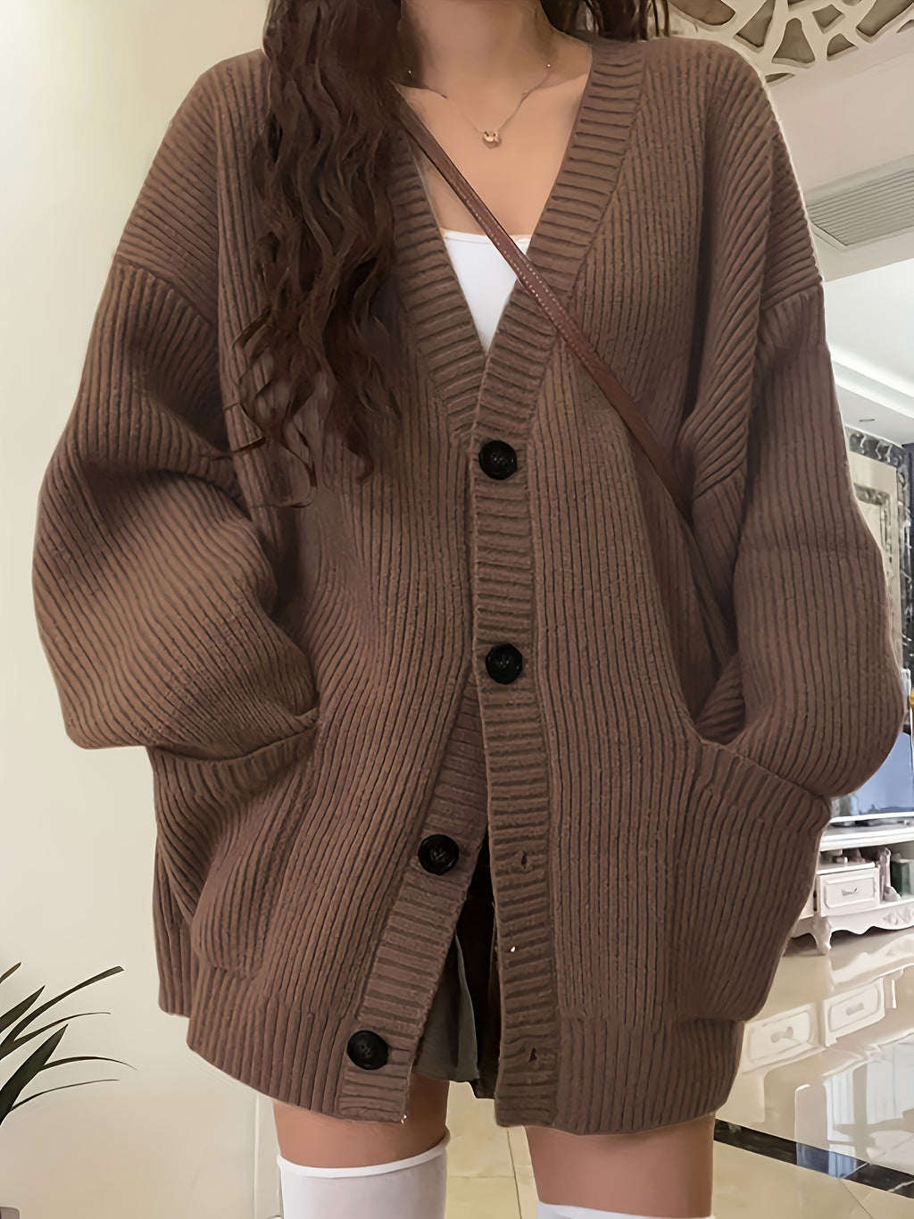 Women'S Autumn Winter New V-Neck Single Button Long Sleeve Solid Color Cardigan - Coffee Color