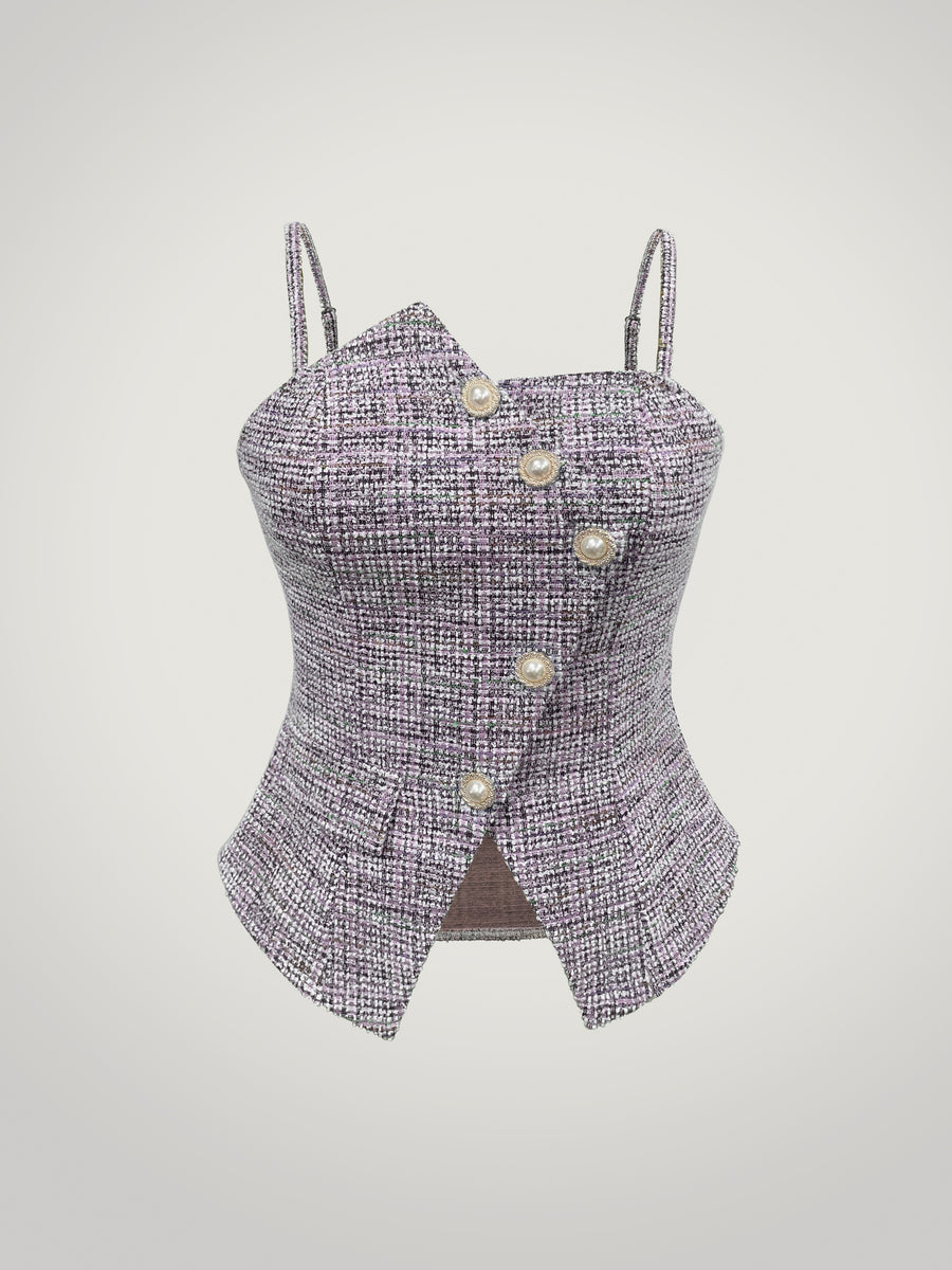 Stretch Jacquard Classic Elegant Style, Asymmetrical Button Placket Design, Fashionable and Versatile Casual Cinched Waist Camisole Tank Top - Fuchsia