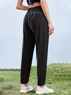 Women'S High-Elasticity Straight-Leg Fiber Pants | Casual Solid Color Long Length with Drawstring Waist, Zipper Pocket, Quick-Dry for Spring/Fall - Black