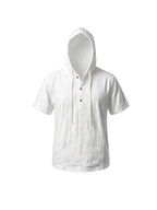 Men'S Summer Hooded Short Sleeve T-Shirt, Henley Collar Half-Open Placket Button Design, Drawstring Decor Breathable Comfortable Loose Casual Home Vacation Top, Holiday Gift - White