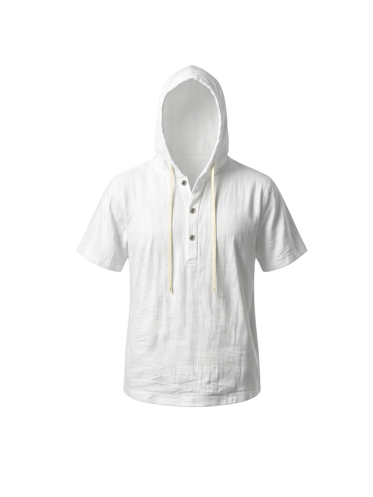 Men'S Summer Hooded Short Sleeve T-Shirt, Henley Collar Half-Open Placket Button Design, Drawstring Decor Breathable Comfortable Loose Casual Home Vacation Top, Holiday Gift - White