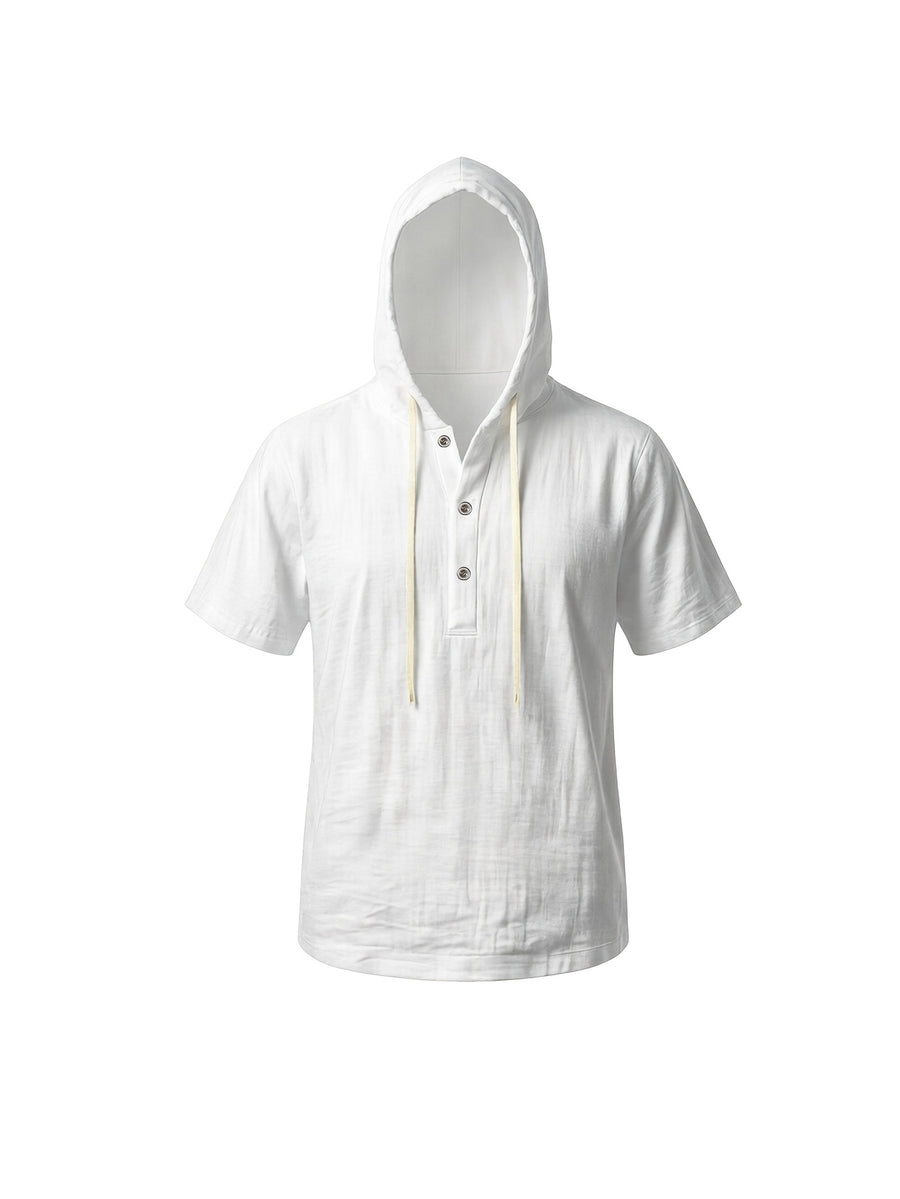 Men'S Summer Hooded Short Sleeve T-Shirt, Henley Collar Half-Open Placket Button Design, Drawstring Decor Breathable Comfortable Loose Casual Home Vacation Top, Holiday Gift - White