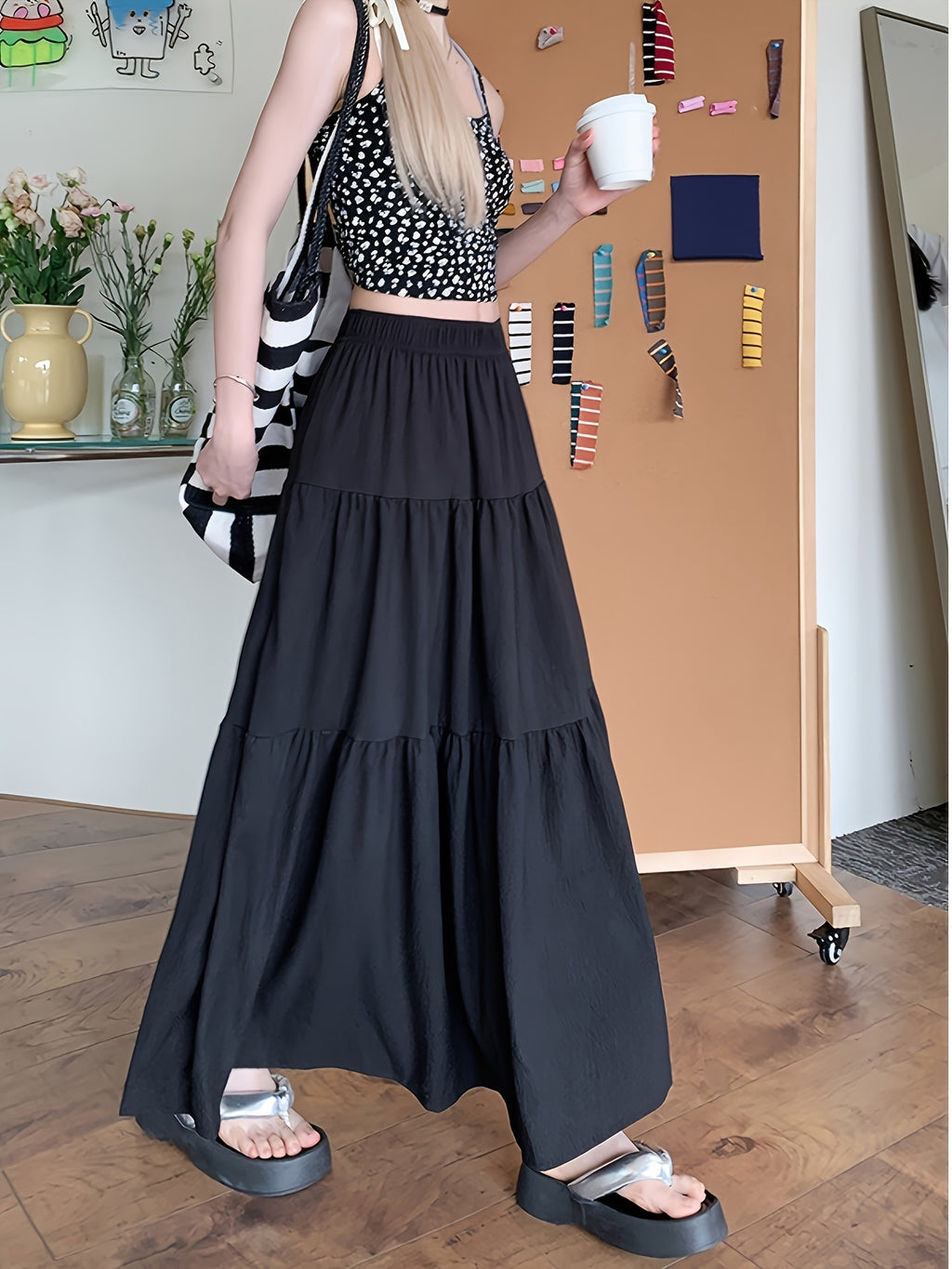 A-Line Umbrella Sweet Spring And Autumn Women'S High-Waisted Long Skirt with Elastic Waistband, Long Skirt with Lining, Beach Party Long Skirt - Black