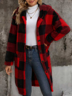 Popular European and American Women's Fashion: New Autumn/Winter Black and White Checkered Double-Sided Plush Hooded Pocket Mid-Length Casual Coat - Red And Black Plaid