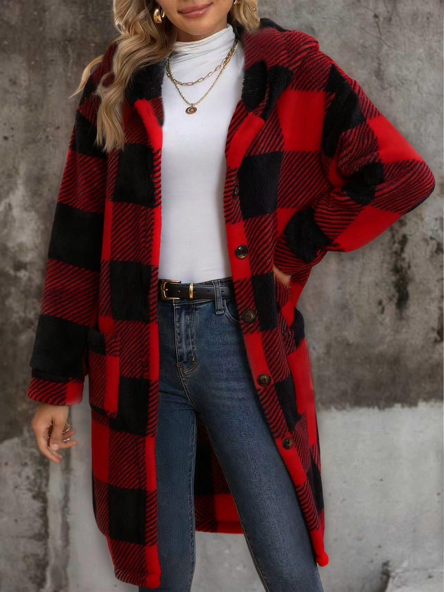Popular European and American Women's Fashion: New Autumn/Winter Black and White Checkered Double-Sided Plush Hooded Pocket Mid-Length Casual Coat - Red And Black Plaid