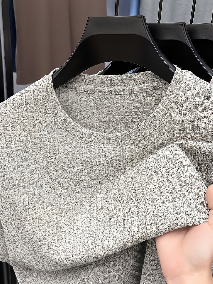Men'S Round Neck Vertical Ribbed Knit T-Shirt, Summer Breathable Commuter Business Style, Casual Versatile Short Sleeve Top, Basic Round Neck Design, Neat Stitching, Contouring Neckline, Unrestrictive for Daily Activities - Ash