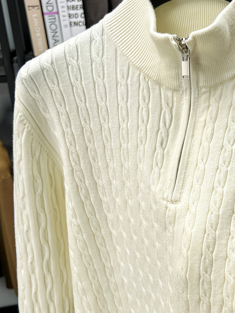 Half-zip Cable-knit Sweater, Fully Constructed with Herringbone Cable Stitching for a Strong Three-dimensional Texture. Compared to a Stockinette Sweater, It Has a More Vintage Feel. The Slightly Relaxed Fit Offers Good Forgiveness for Body Shapes - White