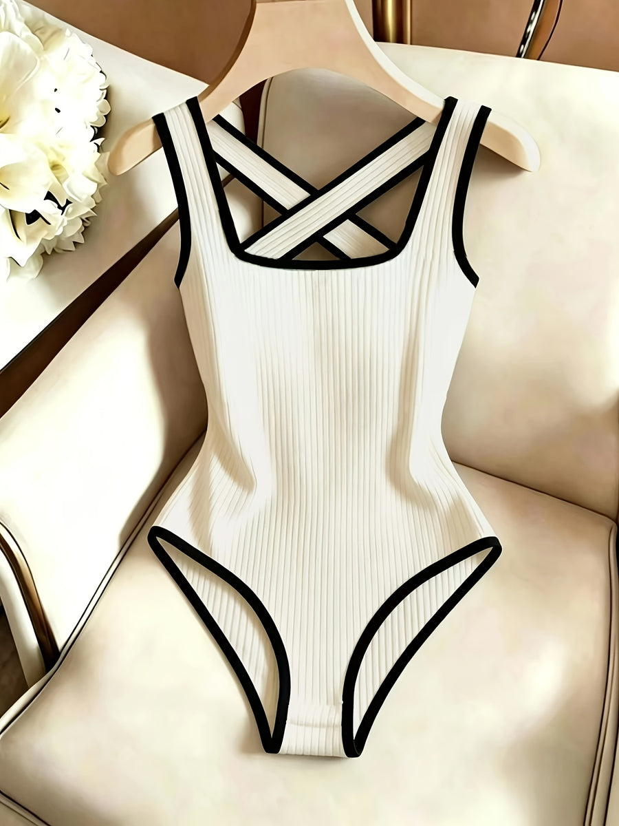 Sleeveless -Line Bodysuit - Solid Color Ribbed Suitable for Spring Summer Style Matching Top | Criss-Cross Back Square Neck Contrast Binding | Machine Washable Figure-Hugging Bodysuit for Daily Wear & Commuting - Off-white