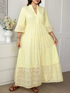 Plus Size - Yellow V-Neck Hollow-Out Embroidered Dress, Plus Size Women'S Stand-Up Collar Sleeve And Hem Hollow Design, Loose Vacation Style Long Dress - Yellow