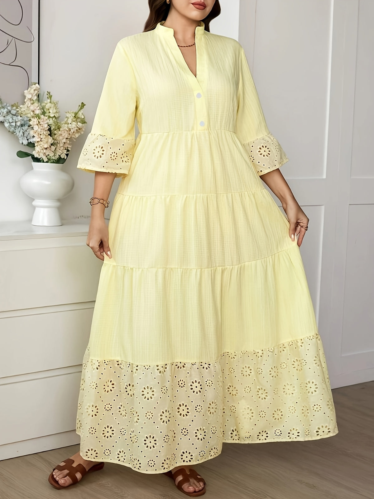 Plus Size - Yellow V-Neck Hollow-Out Embroidered Dress, Plus Size Women'S Stand-Up Collar Sleeve And Hem Hollow Design, Loose Vacation Style Long Dress - Yellow