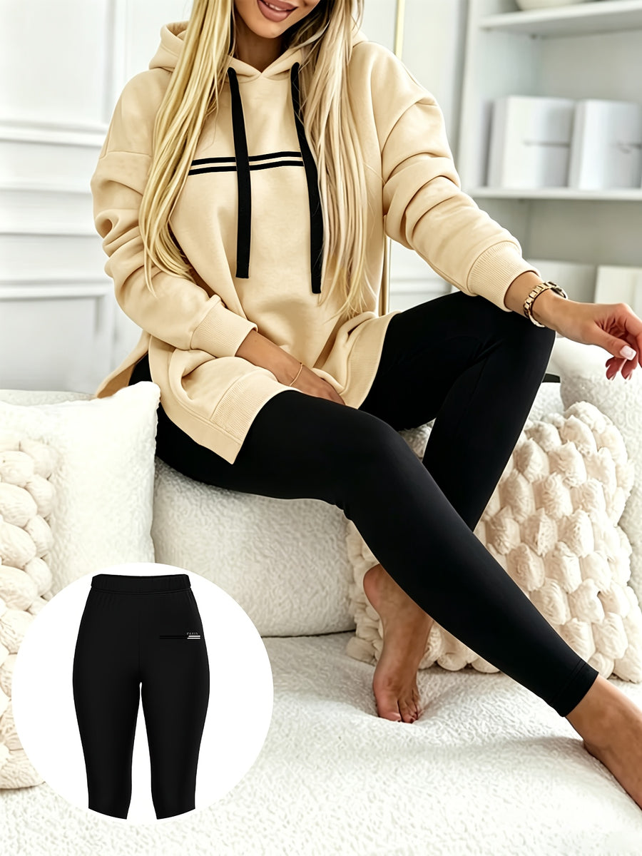 Autumn/Winter Set: Hooded Sweatshirt And Fitted Long Pants (Pattern Print Design) - Apricot + Black