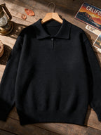 Single-piece Mature Business Men's Polo Shirt, Men's Polo Collar Knit Top, Half-Button Placket Design, Fine and Soft Knitted Texture, Ribbed Cuffs and Hem, Simple Commuting Vintage Style, Suitable for Spring, Autumn, and Winter Wear - Black
