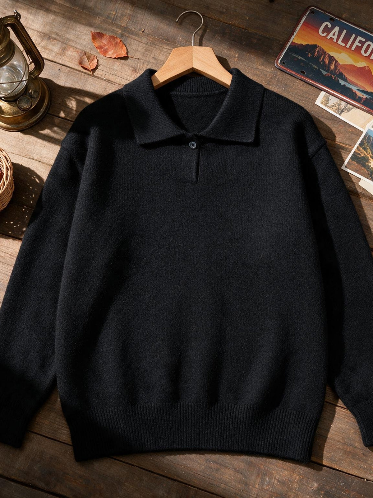 Single-piece Mature Business Men's Polo Shirt, Men's Polo Collar Knit Top, Half-Button Placket Design, Fine and Soft Knitted Texture, Ribbed Cuffs and Hem, Simple Commuting Vintage Style, Suitable for Spring, Autumn, and Winter Wear - Black