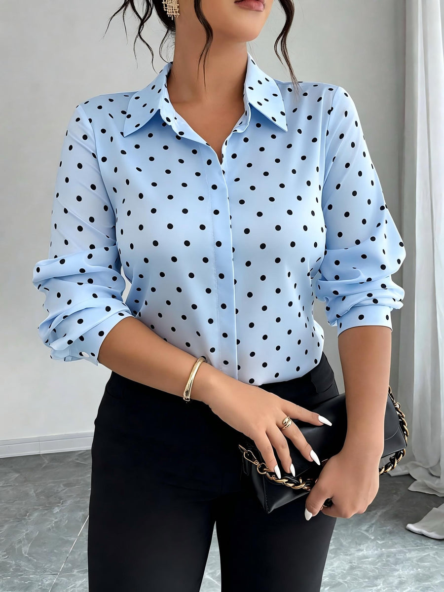 Women'S Polka Dot Long Sleeve Button-Up Shirt, Collar Style, Regular Fit, Non-Stretch Fabric, Suitable for Work And Casual Wear - Sky Blue