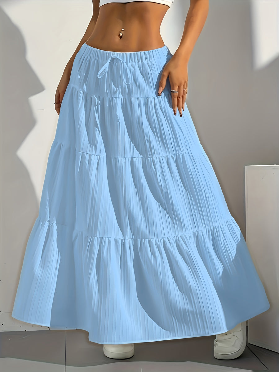 Elegant Style 2025 Western Cross-Border Women'S New Solid Color Half Skirt with Tie-Back Flared Skirt Loose Half Skirt Women - Sky Blue