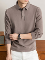 Men'S Lapel Long Sleeve Polo Shirt, Classic Small Lapel, 3-Button Placket, Business Commute And Casual Wear - SINBOS - Coffee Color