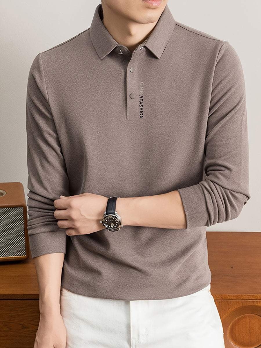 Men'S Lapel Long Sleeve Polo Shirt, Classic Small Lapel, 3-Button Placket, Business Commute And Casual Wear - SINBOS - Coffee Color