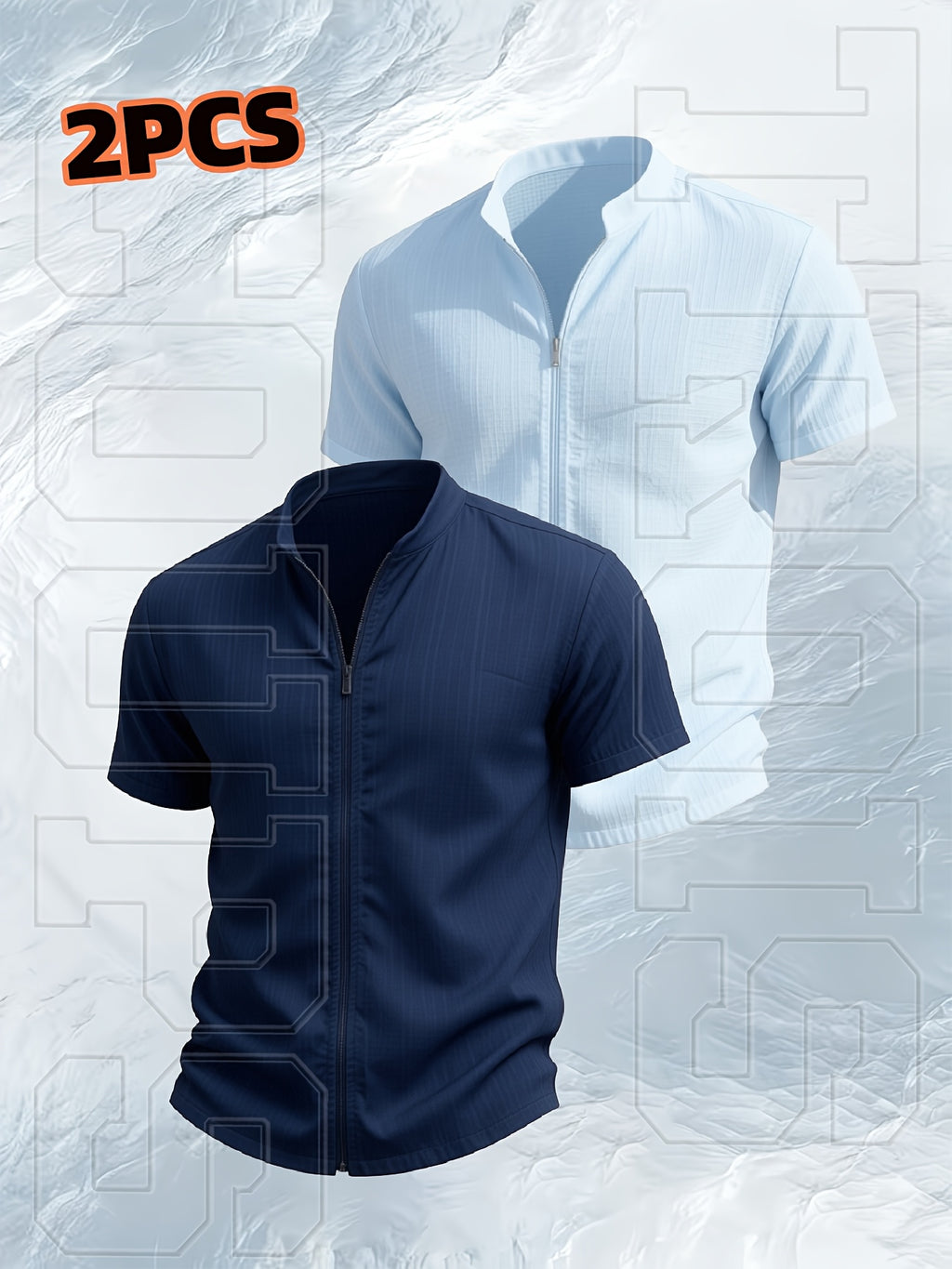[Qiaoximei OBM] 2pcs Set, Latest Men'S Short-Sleeve Zip-Up Cardigan, Street Beach Comfortable Casual Outdoor, with Stand-Up Collar Design, Suitable for Beach Vacations, Pool Parties, And Daily Casual Wear, Men'S Top, Short-Sleeve Zip-Up Cardigan - Navy Blue+Sky Blue