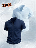 [Qiaoximei OBM] 2pcs Set, Latest Men'S Short-Sleeve Zip-Up Cardigan, Street Beach Comfortable Casual Outdoor, with Stand-Up Collar Design, Suitable for Beach Vacations, Pool Parties, And Daily Casual Wear, Men'S Top, Short-Sleeve Zip-Up Cardigan - Navy Blue+Sky Blue