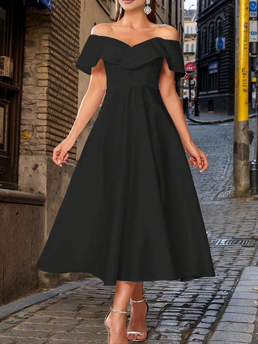 White Off-The-Shoulder Ruffle Midi Dress Women'S Waist-Cinching Large Swing Temperament Elegant Banquet Dress Ladies Dress - Black