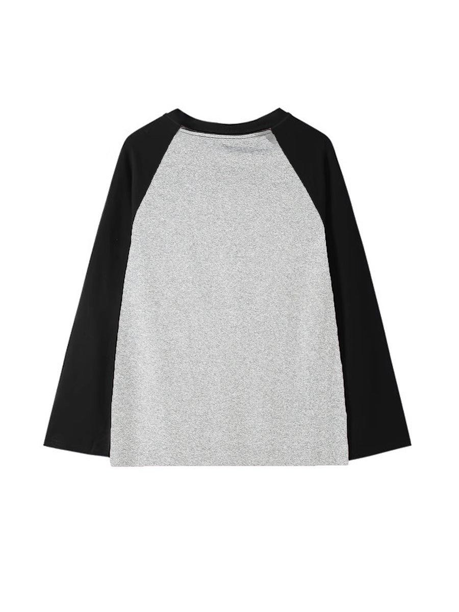 Women's Y2K Oversized Raglan Sleeve T-Shirt - Loose Fit High Elasticity Round Neck Pullover Top with Color Block Letter Graphic Print, -Line Casual Shirt Suitable for Spring and Autumn Wear - Grey