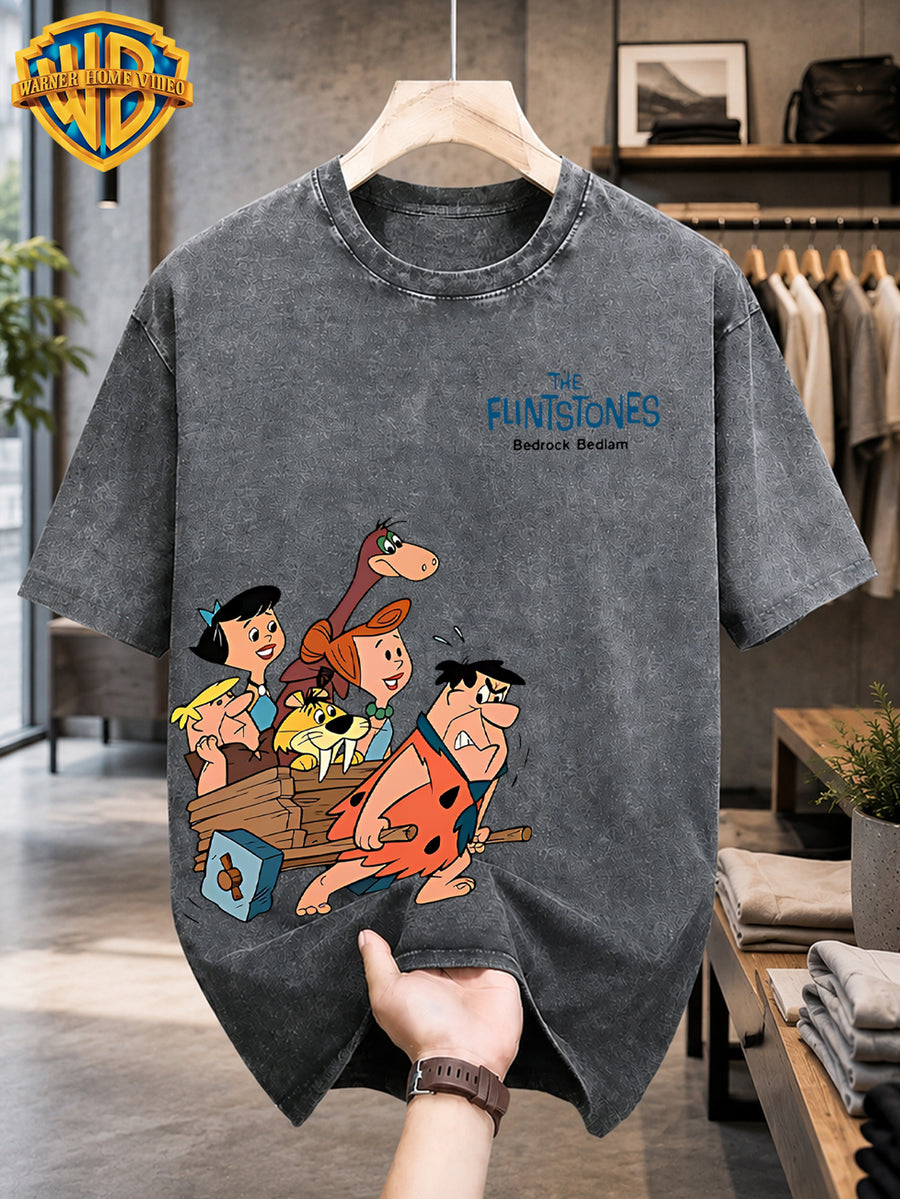 Warner Bros. Licensed Men'S Washed Retro T-Shirt, Modern Caveman Family Car Cartoon Print, THE FLINTSTONES Chest Badge Loose Round Neck Short Sleeve Top, Western Street Trendy Casual Summer Men'S Clothing - Grey