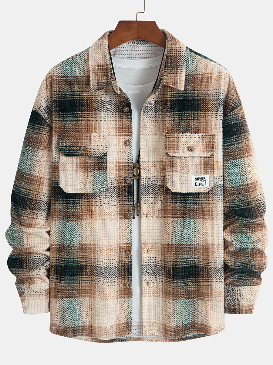 Men's Fashionable Casual Plaid Shirt, Long-sleeved for Spring and Autumn Wear, Suitable for Daily Commutes to Work and Beach Vacations - Apricot