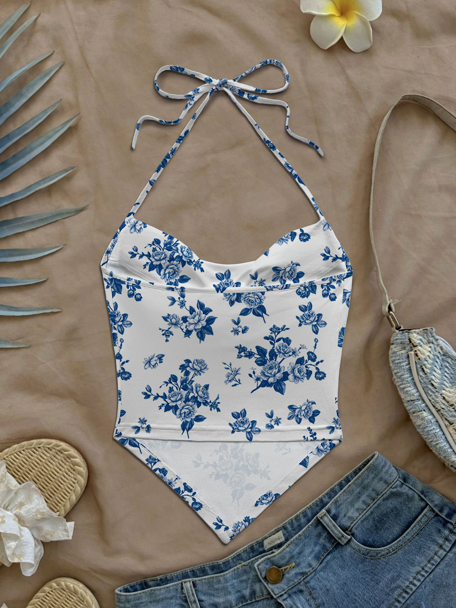 Women Summer New Arrival Hot Boho Casual Beach Vacation Daily Wear Allover Floral Print Sweetheart Neck Halter Tie Crop Top - Royal Blue