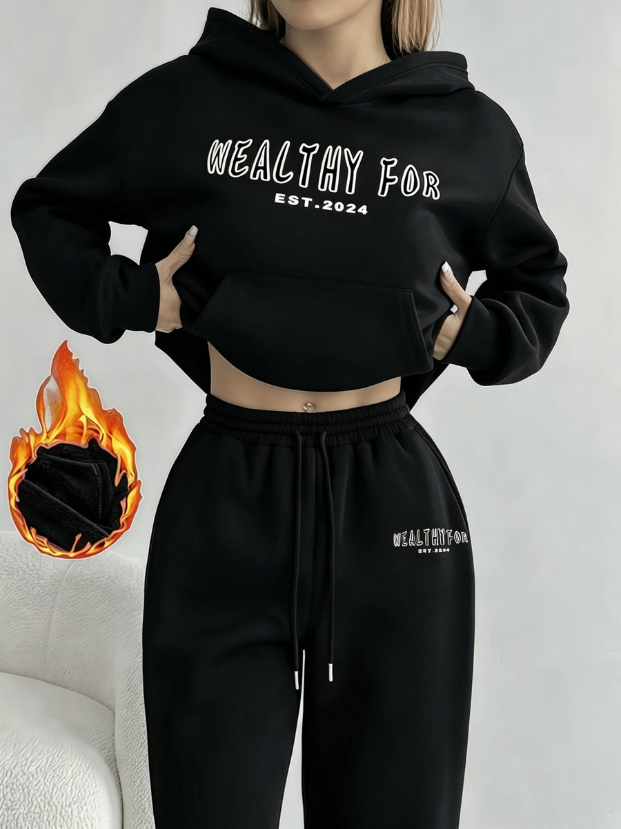 Autumn and Winter Latest Style Women's Hoodie Set, Fashionable and Casual Y Long-sleeve Set - Black
