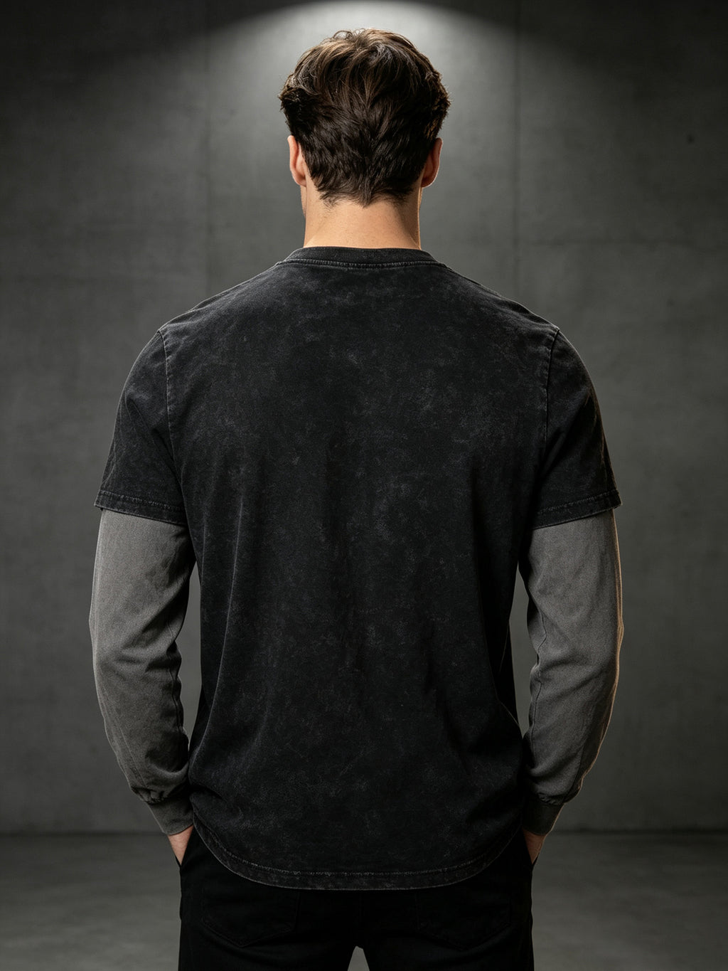 Men's 2-in-1 Look Long-Sleeve T-Shirt, Vintage Washed Minimalist Design Print with Contrast Gray Sleeves, American Street Style Loose Fit Casual Long-Sleeve T-Shirt - Black