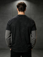 Men's 2-in-1 Look Long-Sleeve T-Shirt, Vintage Washed Minimalist Design Print with Contrast Gray Sleeves, American Street Style Loose Fit Casual Long-Sleeve T-Shirt - Black