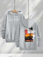 3pcs Trendy Print Sweatshirt, Men's Casual Hooded Sweatshirt, Long-sleeve Pullover, Slightly Stretchy, Knitted Polyester Fabric, Regular Fit Men's Hoodie - Blue+red+gray