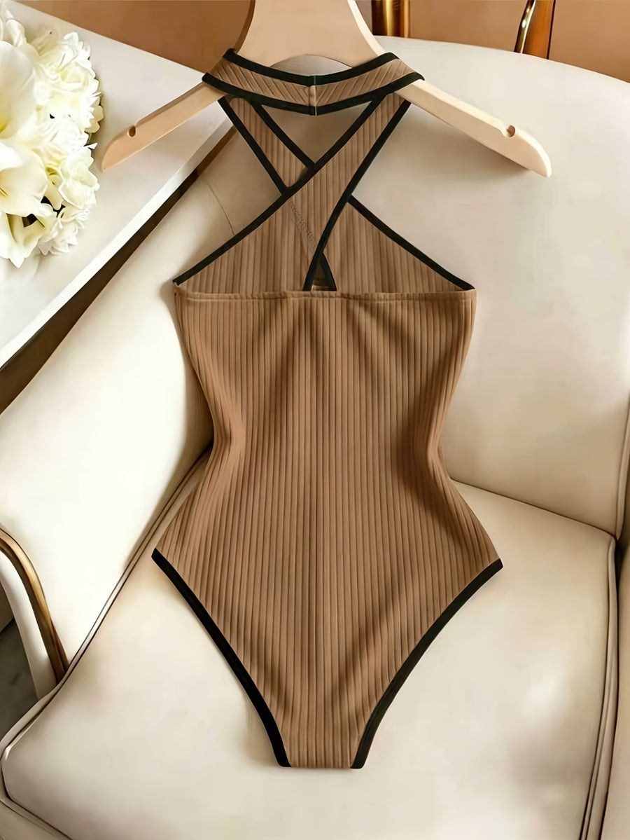 Women's Sexy Hot Style Bodysuit, Criss-Cross Halter Neck Cut-Out Slim Fit Jumpsuit, Suitable for Spring/Summer Dates and Parties - Brown