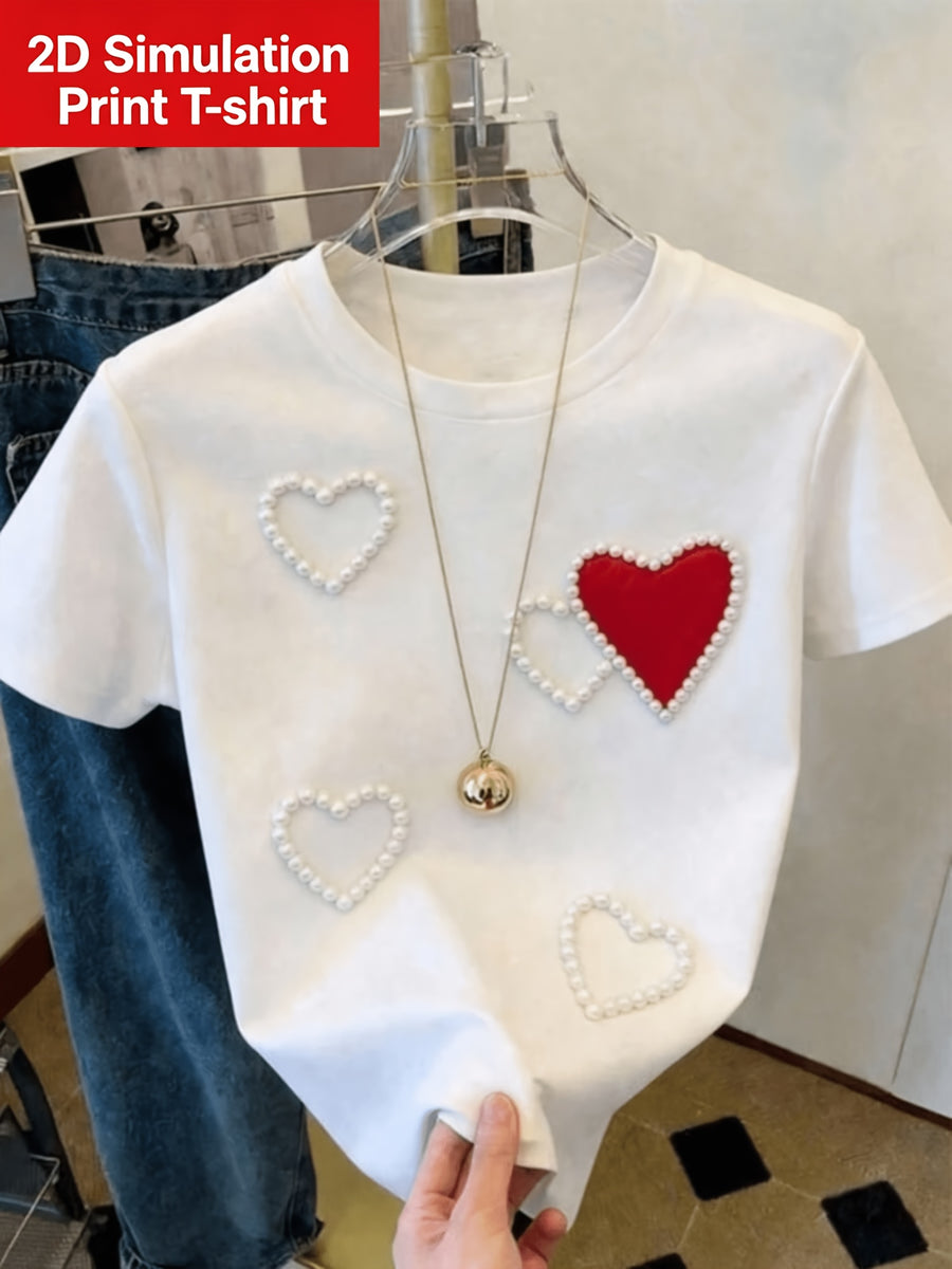 [Printed Design - Not Textured] Women'S White Trendy Coquette Heart Print T-Shirt, Elegant Graphic Design, Soft Casual Daily Top - White