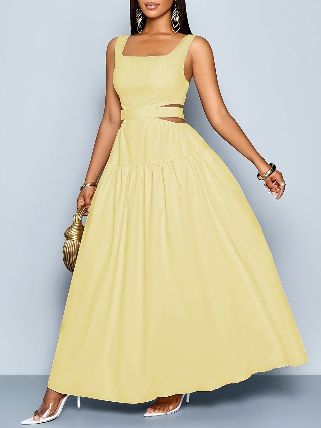 Women'S Elegant Square Neckline, Openwork Waist, Tie And Suspender Dress; Hawaiian Pleated Backless A-Line Skirt; Women'S Spring/Summer Dress; Elegant for Commuting, Casual Wear, Romantic Dates, Bridesmaid Dress - 【Light Yellow】