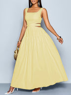 Women'S Elegant Square Neckline, Openwork Waist, Tie And Suspender Dress; Hawaiian Pleated Backless A-Line Skirt; Women'S Spring/Summer Dress; Elegant for Commuting, Casual Wear, Romantic Dates, Bridesmaid Dress - 【Light Yellow】