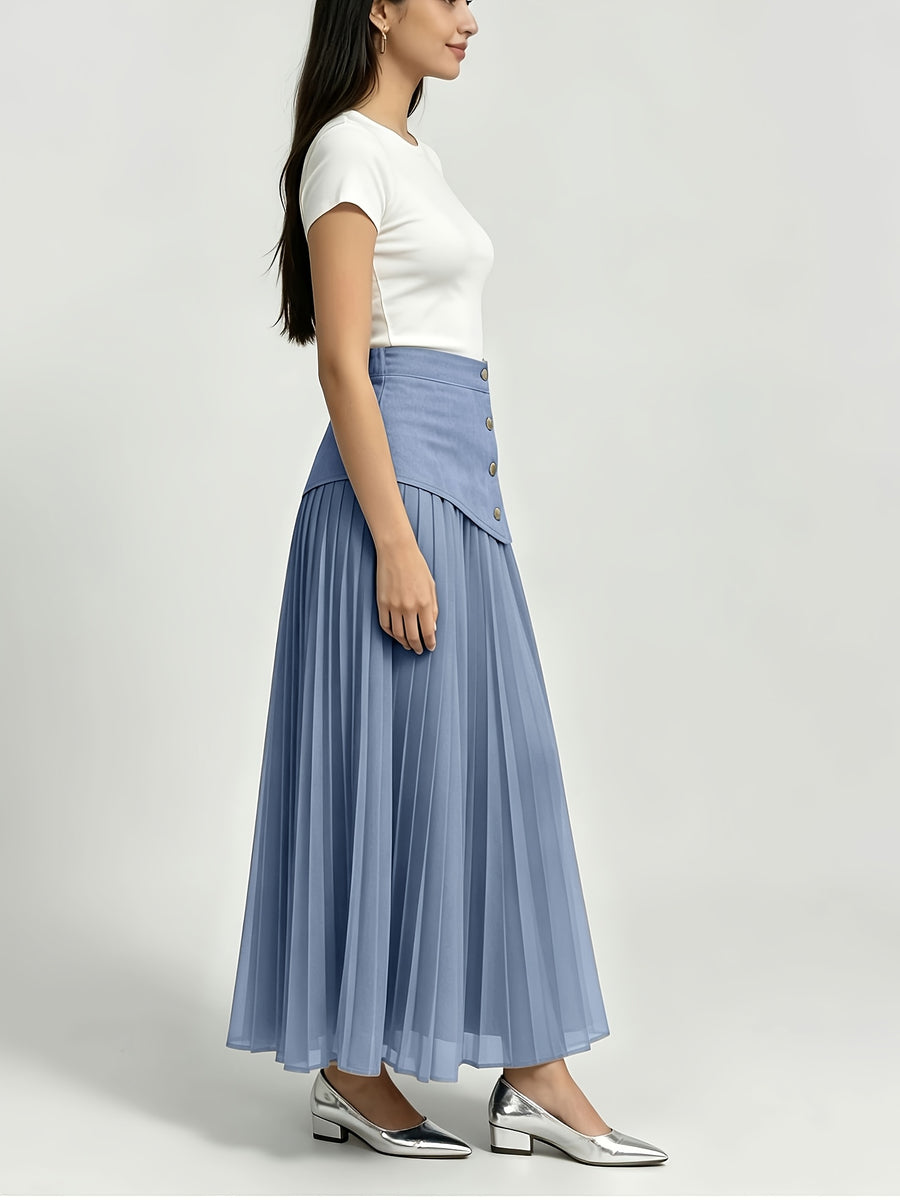 [Printed Skirt - Not Faux Denim Fabric]Temperament Commuter Imitation Faux Denim Patchwork Half Skirt, High-Waist Mesh Pleated Flared Long Dress Spring Summer Versatile Style Kydx - Dark Blue 1