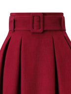 Elegant Women's Pleated Skirt for Daily and Holiday Wear, Christmas-Themed Color Palette, Elegant Korean-Style Belted Maxi Skirt - Red