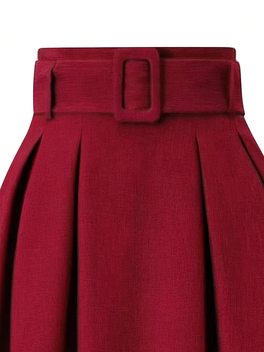 Elegant Women's Pleated Skirt for Daily and Holiday Wear, Christmas-Themed Color Palette, Elegant Korean-Style Belted Maxi Skirt - Red